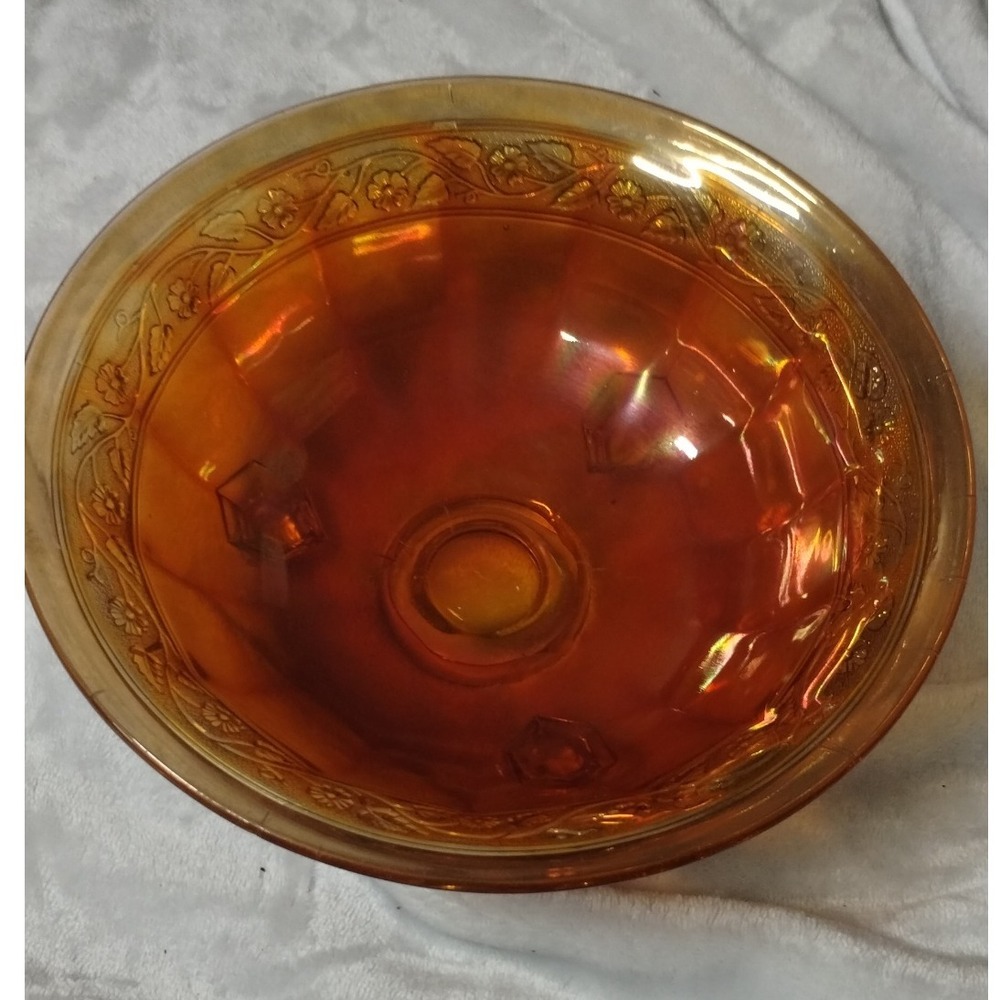 Vintage Carnival Glass Footed Bowl Marigold Iridescent Floral Scalloped Edge
